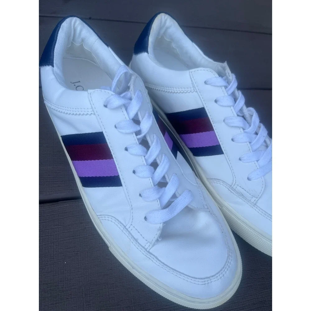 J.Crew Womens White Low Top Sneakers Striped Lace Up Shoes BJ397 Size 10